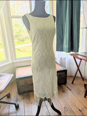 Y2K Vtg Ivory Crochet Fringe Sequin Sleeveless Dress